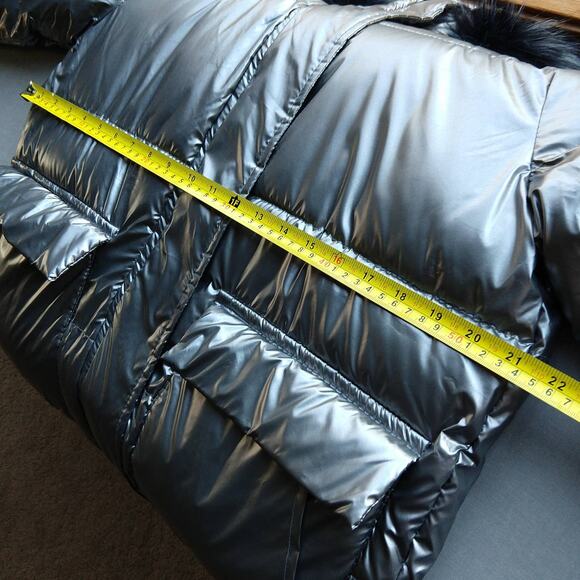 Miz 3006 Metallic Silver Puffer Coat L hooded vegan removable faux fur winter - Picture 14 of 16